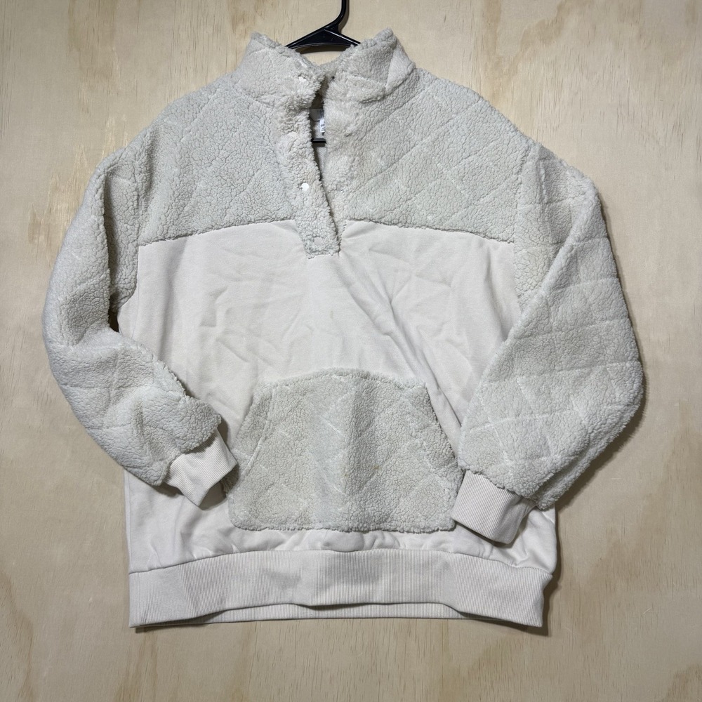 Time and Tru Womens Large 12-14 Sherpa Fleece Pullover Cream Ivory Cozy
